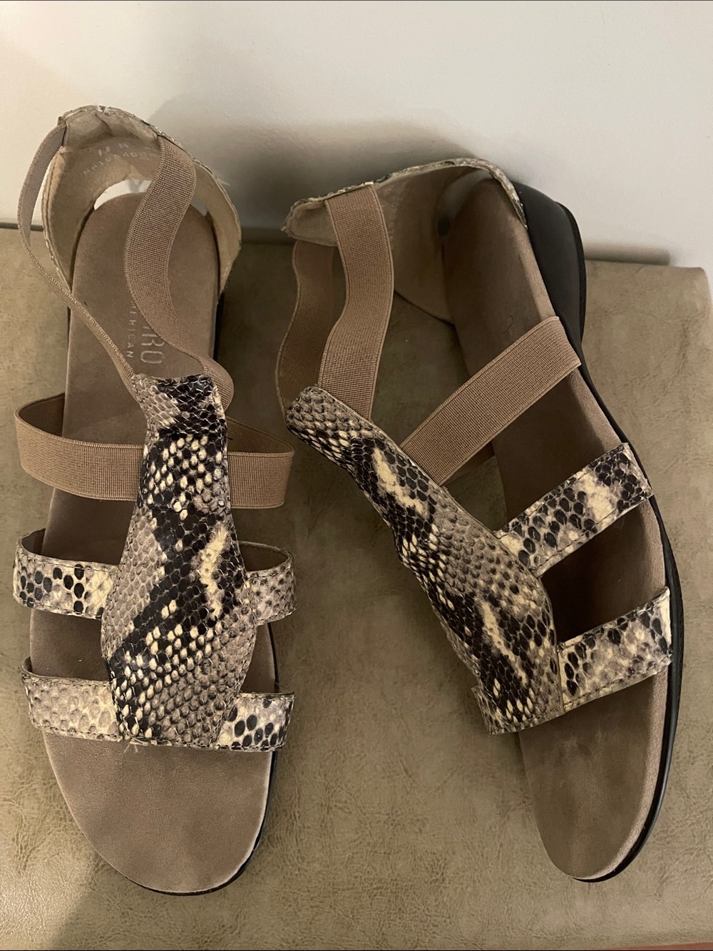 Munro Snake-Print Elastic-Strap Sandals in Taupe and Black